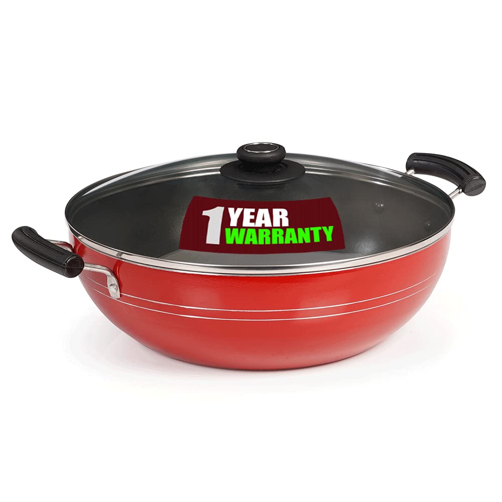 Blueberry's Nonstick 28cm Kadai with Glass Lid,3mm Thickness, 3 Layer Coating, Gas Stove Compatible (Black&Red)