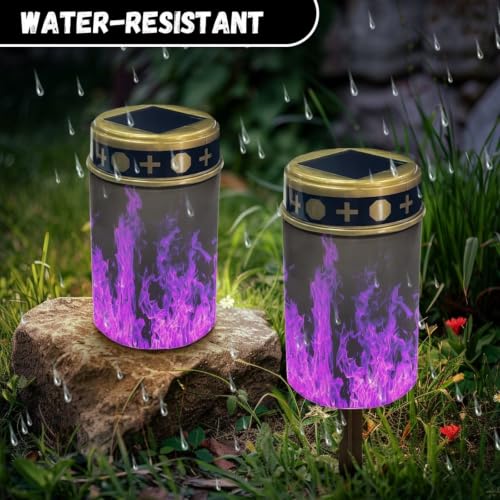Image of Halloween Solar Flame Lights, Waterproof Flameless Candles | Purple Flame Solar Lights for Cemetery Grave Decorations Water Resistant LED Flameless Candle for Grave Memorial Gift Decor