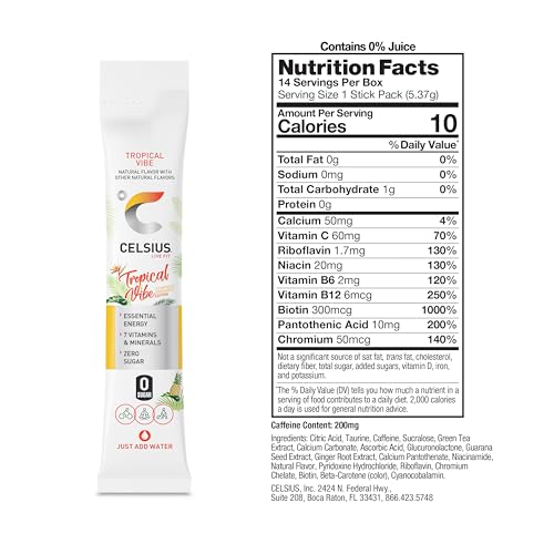 Image of CELSIUS On The Go TROPICAL VIBE, Sugar Free Energy Drink Mix (14 Sticks per Pack)