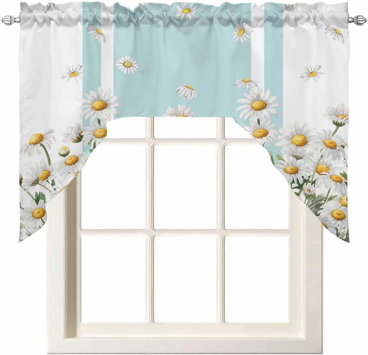 Stripes Flower Swag Kitchen Curtain Sets with Valance,3 Pieces Rod Pocket Curtain Drapes for Bedroom Living Room Bathroom Cafe Windows,Modern Geometric Floral Leaves Blue 56''x36''&36''x27.5''x2Panels
