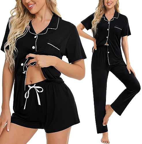 SWOMOG Womens 3pcs Button Down Pajamas Set Short Sleeve Sleepwear Bride Pj Lounge Set with Long Pants