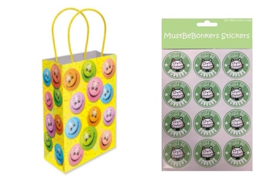 HAPPY SMILEY FACE PARTY PAPER TREAT LOOT GIFT BAG - BIRTHDAY GOODY BAGS WITH STICKERS (15 Bags)
