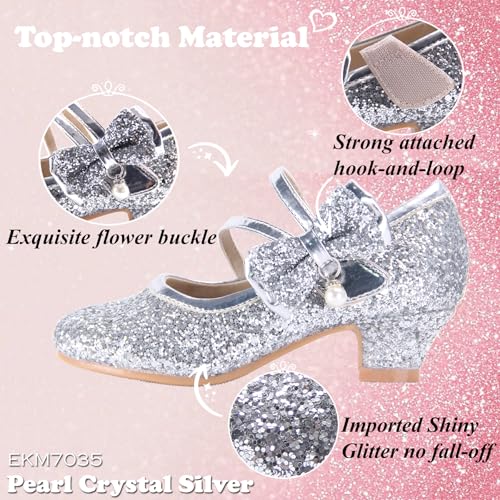EIGHT KM Girls High Heel Dress Shoes Mary Jane Princess Wedding Party Pump Shoes EKM7035 Sparkle Glittery Crystal Pearl Bow Silver US Big Kid Size 54