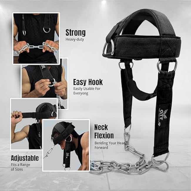 QTF Neck Harness Weight Lifting Training, Neck Builder Thick Neoprene Padded Adjustable Chin & Head Strap, Neck Workout Head Harness Heavy Duty Steel Chain