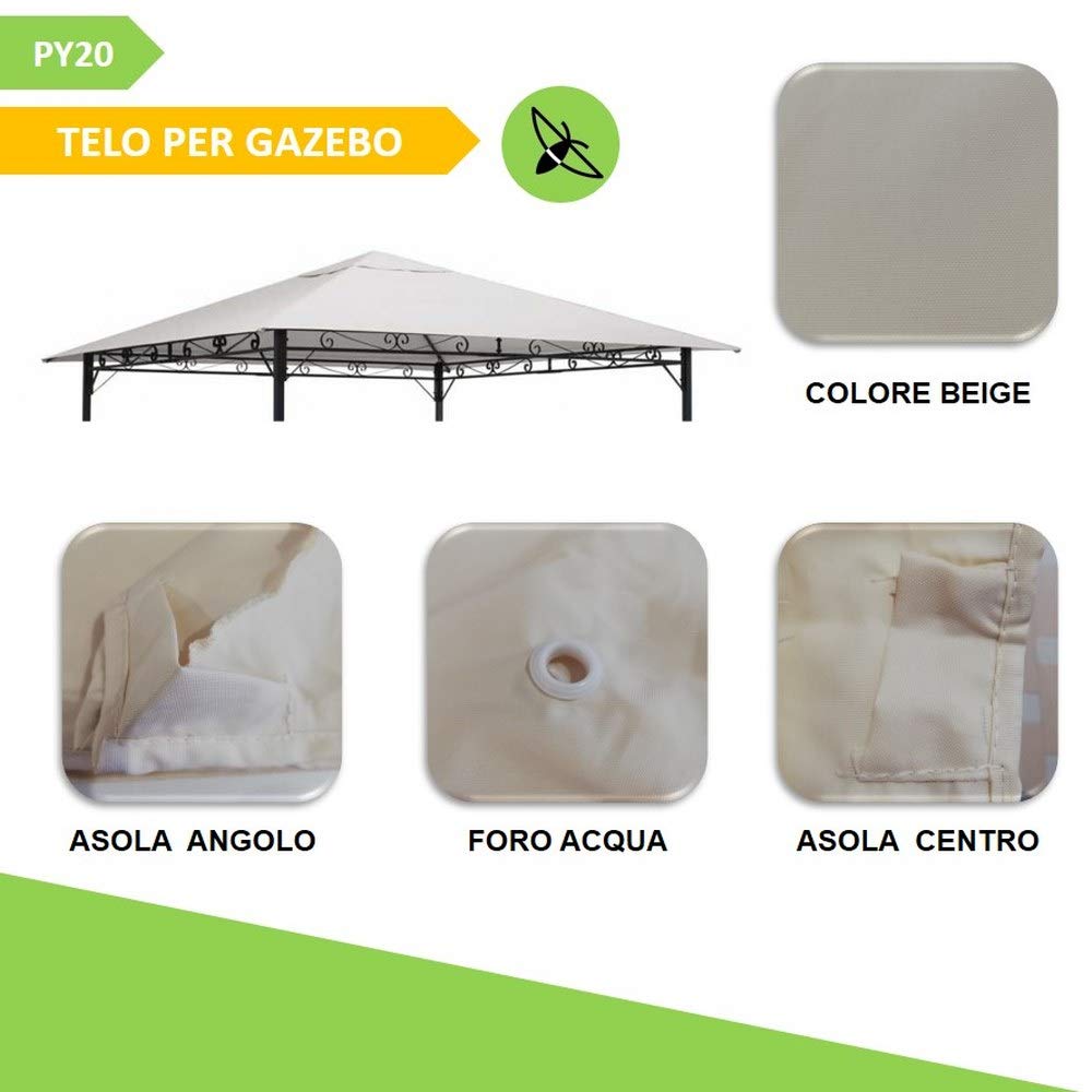 Parpyon® Telo Gazebo 3x3 Copertura in Tessuto Poliestere 100% per Gazebo da Giardino Esterno Beige