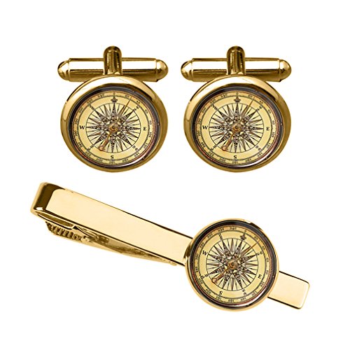 Mancuernillas brújula para hombre con clip de corbata oro miniatura 1