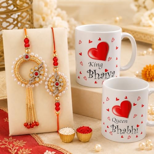 Image of CraftVatika Rakhi Mug Gift Combo for Brother Bhaiya Bhabhi - Premium Couple Pair Rakhi with Printed Mug Gift, Rakhi Set of 2