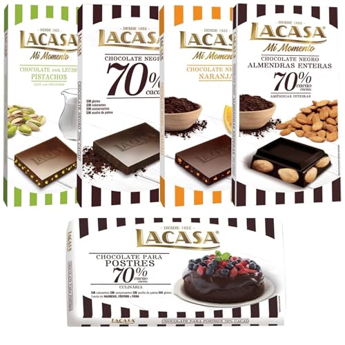 Pack Lacasa 5 deliciosas tabletas de chocolate de distintos sabores y tamaños: naranja,leche pistacho 90g,negro,culinaria200g, almendra 200g