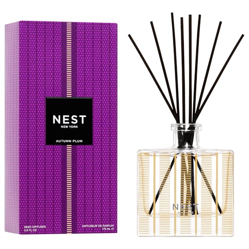 NEST New York Reed Diffuser, Autumn Plum - 5.9 fl oz - Fragrance for Up to 90 Days - Reusable, Refillable Glass Holder - Includes 8 All-Natural Reed Sticks - Flame Free