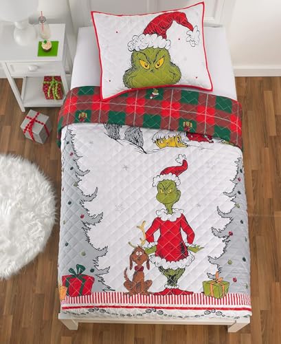 Grinch by Dr. Seuss Holiday & Christmas Quilt Bedding Super Soft 2 Piece Pillow Sham and Quilt Set, Twin Size 68" x 86", (100% Officially Licensed Product) by Franco - Image 6