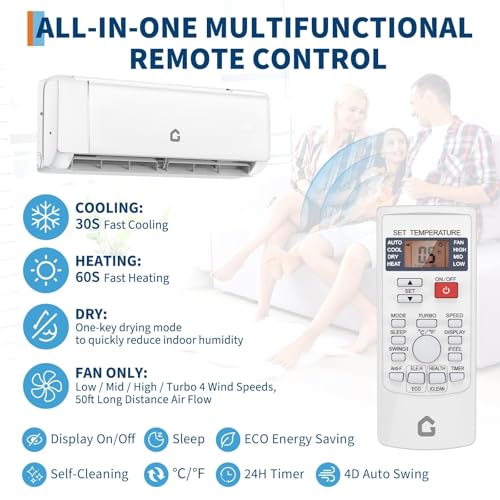 Image of 18,000 BTU Ductless Mini Split AC & Heat Pump, 19 SEER2 Ultra-Quiet Inverter System, WiFi /App /Remote Control, 5 Modes, 1,250 Sq.ft Coverage, Complete Pro Install Kit, 208V