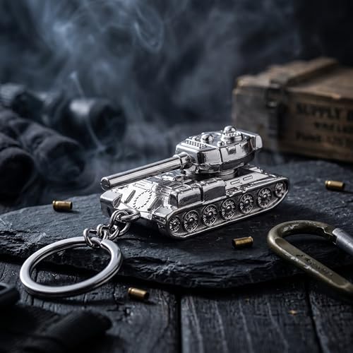 Image of Metal Keychain Tank for Men & Boys Keyring | Military Army Tank Keyring with Rotating Turret - Silver, Bronze & Antique Gold