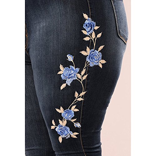 CHICFOR Womens High Waist Slim Fit Flower Embroidery Skinny Pencil Denim Jeans with Pocket (XL, Dark Blue)3