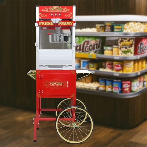 Image of 20 Oz Popcorn Machine with Cart: This popcorn machine on wheels combines an antique-style design with modern features. The cart includes bicycle-style wheels and a cabinet -Red