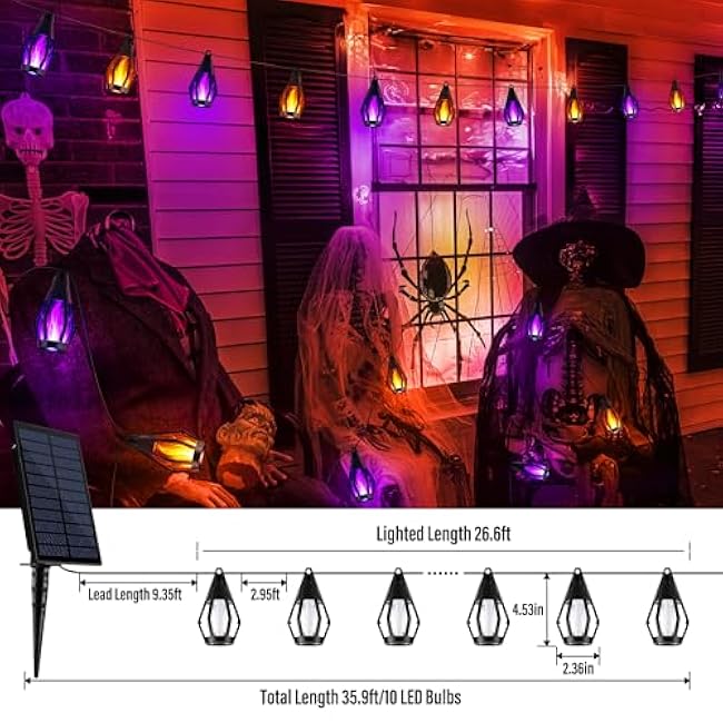 iBaycon Solar Halloween Lights, 27Ft 10 LED Bulbs Flickering Flame String Light, Outdoor Waterproof Solar Flame Lights for Garden Yard Patio Halloween Decorations (Warm White + Purple)