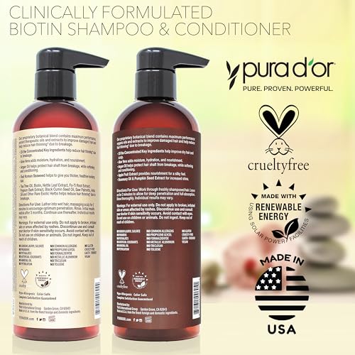 PURA D'OR Professional Grade Anti-Hair Thinning 2X Concentrated Actives Biotin Shampoo & Conditioner (16oz x 2), No Sulfates, Clinically Tested, All Hair Types, Men & Women (Packaging Varies)