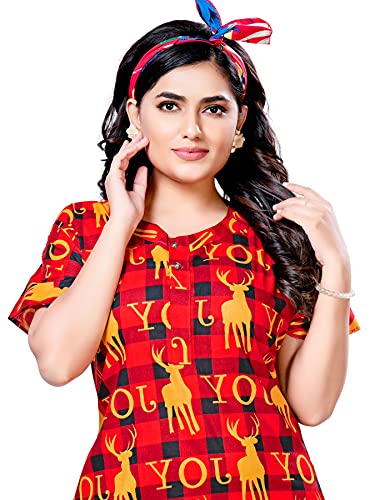 Image of PNAEONG Women Cotton Printed Nighty, Gown Maxi - Free Size Joy, Red
