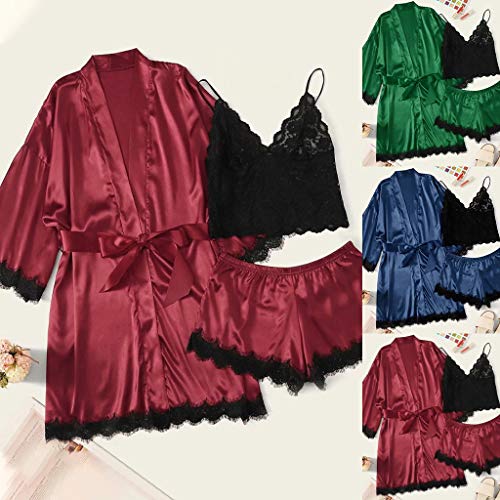 Conjunto de pijama feminino AxiBa de cetim de seda com 3 peças, camisola sexy, Vinho, S