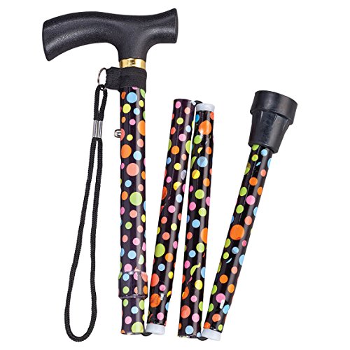 Fashion Folding Cane – Collapsible Lightweight Walking Stick for Men and Women – Adjustable Mobility Aid with Soft Comfort Grip – Black Polka Dot Design