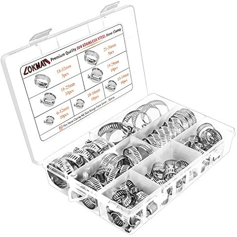 LOKMAN Stainless Steel Hose Clamp Assortment Kit- 60 Pieces, Adjustable 1/4''- 1-1/2'' (6-38mm) Worm Gear Metal Fuel Line Clamp for Plumbing, Automotive And Mechanical Applications Cover