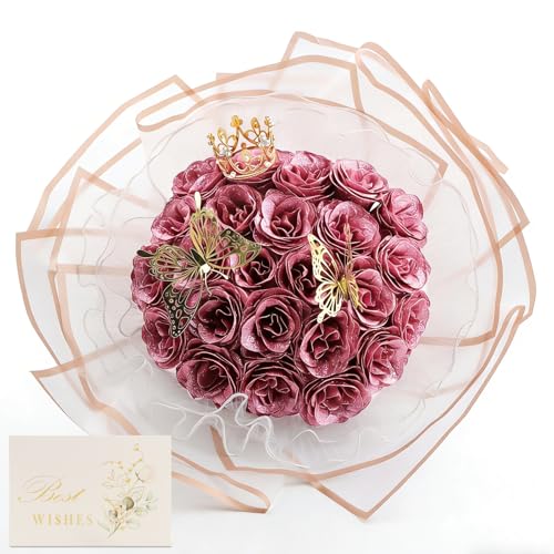 DRAKEWOOD Buquê de rosas brilhantes com 24 peças rosas artificiais rosa borboleta coroa e cartões - buquê de flores púrpura para dia dos namorados noivado casamento aniversário dia da mãe