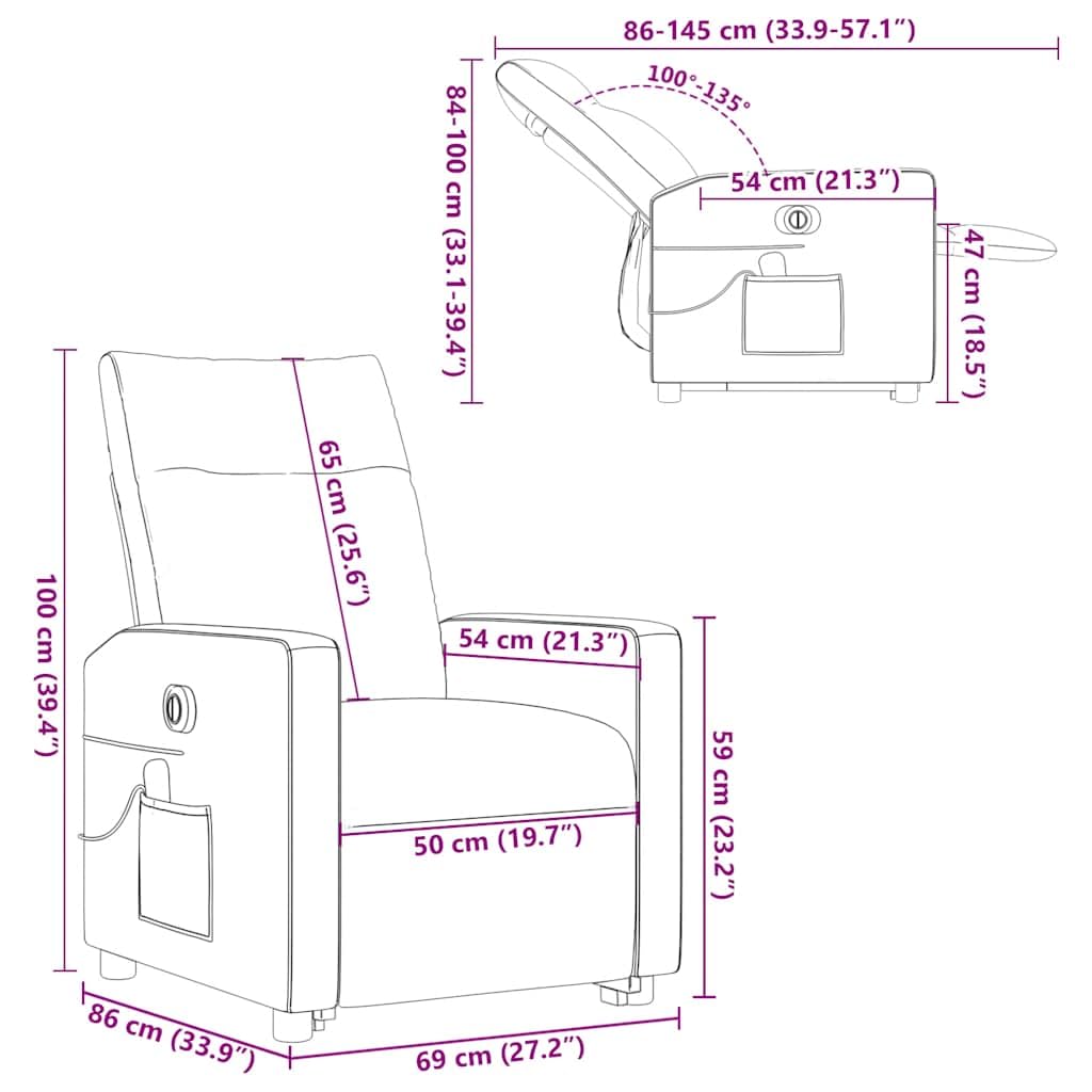 Massagesessel elektrisch mit Aufstehhilfe Wolkengrau Stoffbezug 69x86x100 cm Relaxsessel mit 6-Punkt-Vibrationsmassage und Liegefunktion für Wohnzimmer Leseecke und Schlafzimmer
