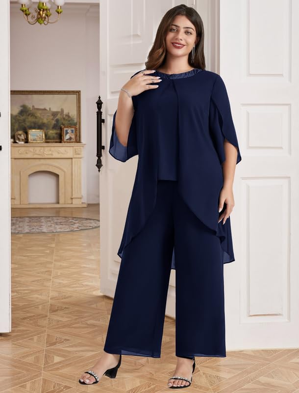 Hanna Nikole Traje de noche de gasa para mujer, tallas grandes, traje elegante de dos piezas, traje festivo para invitadas de boda, fiesta de cóctel, moda de noche, lentejuelas, cuello redondo y