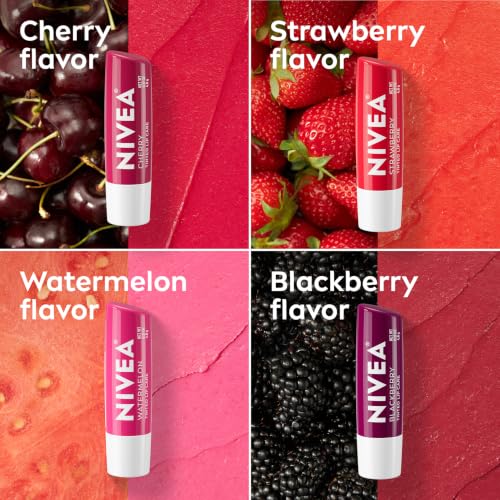 Image of NIVEA Lip Care, Fruity Cuties Lip Balm Variety Pack, 4 x 0.17 OZ | One Each: Cherry, Strawberry, Watermelon and Blackberry, Shea Butter Enriched, 3-in-1 Moisture, Tinted Lip Balms