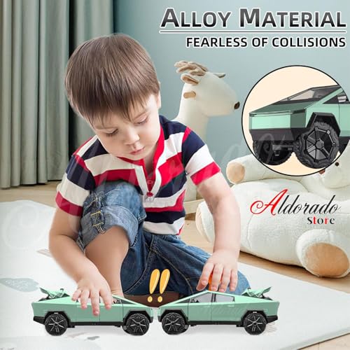 Image of 1:32 Tesla Cybertruck with Pickup Trailer Alloy Car Model Scale Diecast Metal Off-Road Vehicles Truck Model Sound and Light Kids (Green)