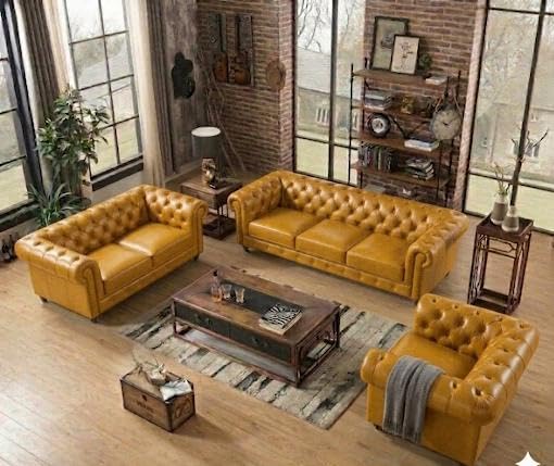 Image of Modern Classic Design Leatherette Luxury Chester Sofa Set with Button Tufted, 3+2+1=6 Seater Sofa for Living Room Home, Office and Lobby (Yellow, 3+2+1=6 Seater Sofa)