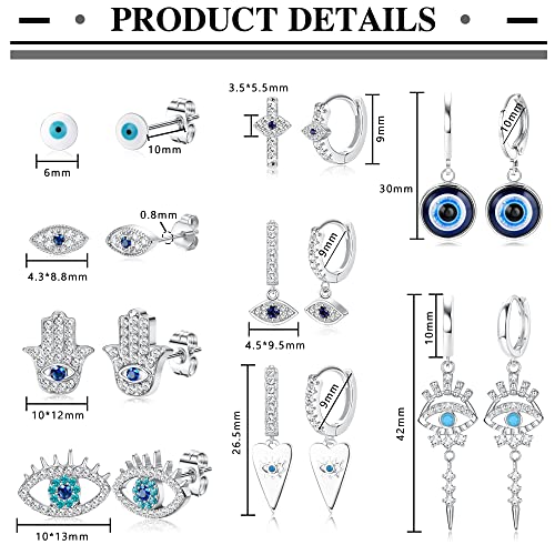 Sanfenly 9 Pairs Evil Eye Earrings for Women 14k Silver Gold Plated Evil Eye Huggie Hoop Dangle Earrings and Stud Earrings Set Dainty White Blue Cubic Zircon Eye Earrings3