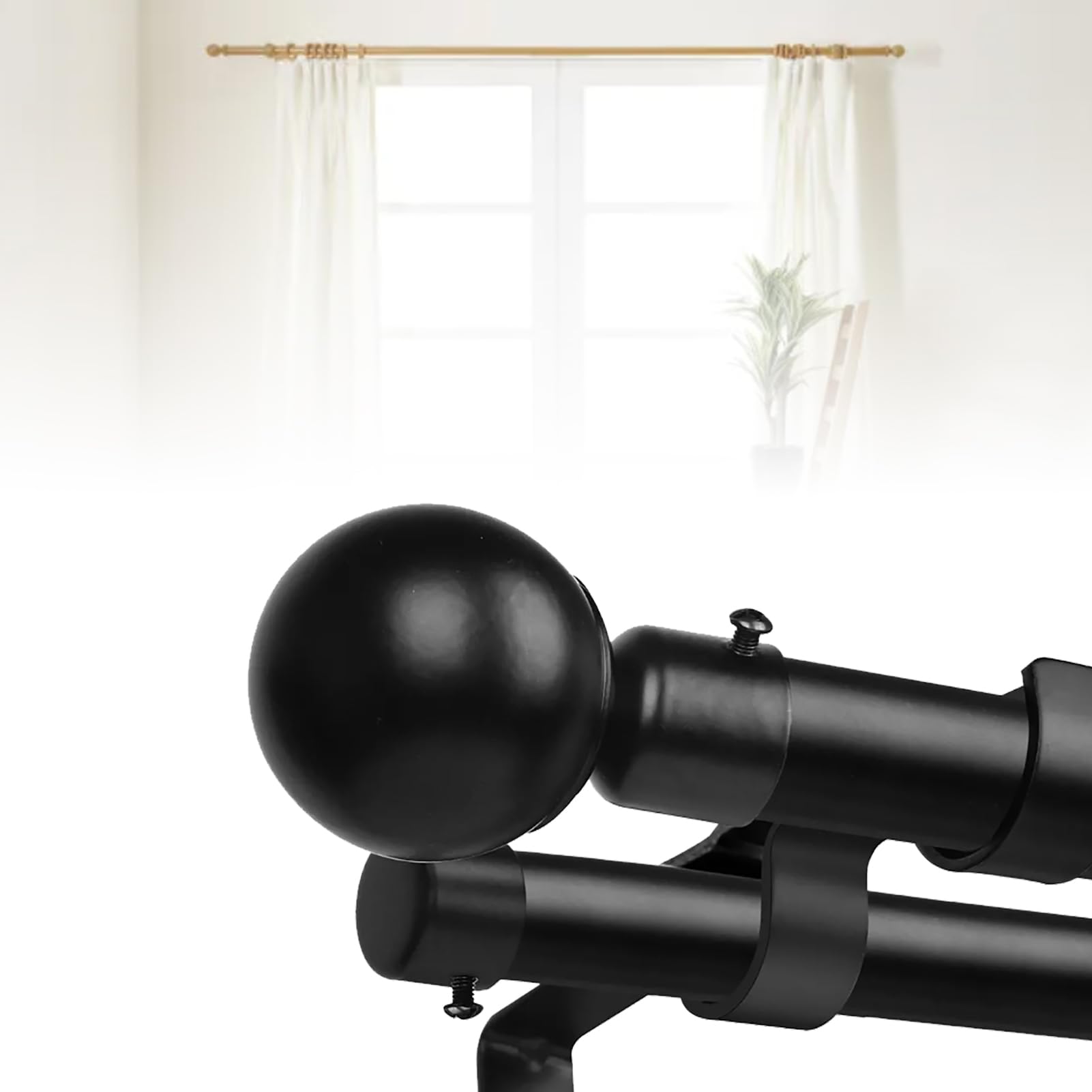 Tringle à Rideau Double Moderne et Robuste avec extrémité Sphérique en Métal, Double Tringle à Rideau Extensible pour Cuisine, Chambre à Coucher, Fenêtre, Bureau, Noir