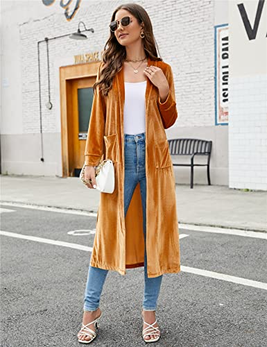 Image of Women's Long Velvet Cardigan Jacket Lapel Collar Open Front Vintage Cardigan Sweater with Pocket