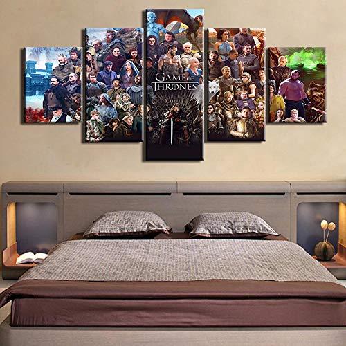 Decoración De Arte De Pared 5 Piezas Imprime En Lienzo Carteles De Series De Tv Juego De Tronos Hd Cuadro Estilo Abstractos Moderna Inicio Decoración Lienzos 150×80 Cm,Listo Para Colgar(Con Marco)