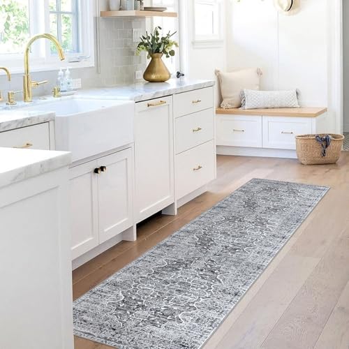 KUTA Vintage Washable Runner Rug, 2x7 Non-Slip Vintage Grey Hallway Kitchen Runners Soft Printed Distressed Tribal Farmhouse Floor Carpet Rugs for Laundry Bedroom Living Room