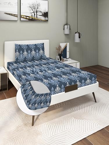 Image of Blue Strip 220TC Glace Cotton Elastic Fitted Bedsheets Single Bed with 1 Pillow Cover | Single Bed with All Around Elastic, Size 42 inch x 75 inch Inches
