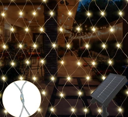 Red de luces solares para exteriores, 3 x 2 m, 192 LED, luces solares para exteriores, mando a distancia, temporizador, 8 modos, IP44, resistente al agua, árbol de Navidad, luz blanca cálida, para