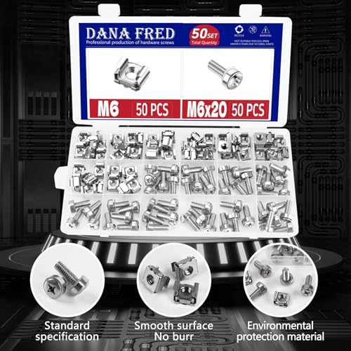 Cage Nut and Mounting Screw Bolts Washers Metric Square Hole Hardware for Rack Mount Server Shelves Cabinets Assortment Kit M6X20mm,50Set