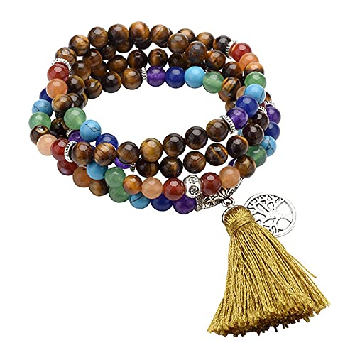 GEHECRST Schmuck 108 Perlen Edelstein Mala Kette Mala Armband 7 Chakra Edelstein Buddha Buddhistische Tibetische Gebetskette Healing Reiki Yoga Kette Halskette mit lebensbaum Anhänger (Tigerauge)