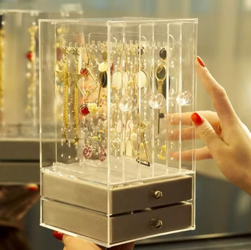 Image of SIBY Acrylic Transparent Earring Organizer | Clear Jewelry Storage Box for Earrings, Necklaces & Rings | Dustproof Jewelry Display Stand with 2 Removable Drawers (1Pc, Transparent)