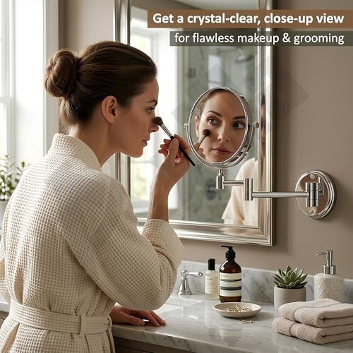 Image of Magnifying Mirror for Bathroom | 5X & 1X Double Sided Makeup Mirror | Wall Mounted Mirror with 360 Rotation for Shaving & Makeup (Chrome)
