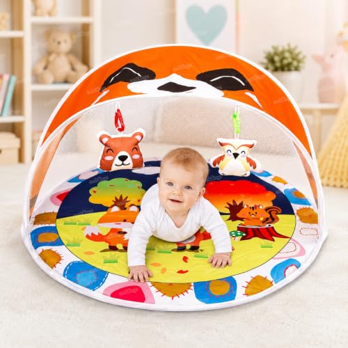 Image of Zest 4 Toyz Baby Play Mat Activity Centre My First Gym Foldable Laying Mat with Hanging Rattles Toys Washable Mat Gym for 6 Months Babies - Orange Made in India