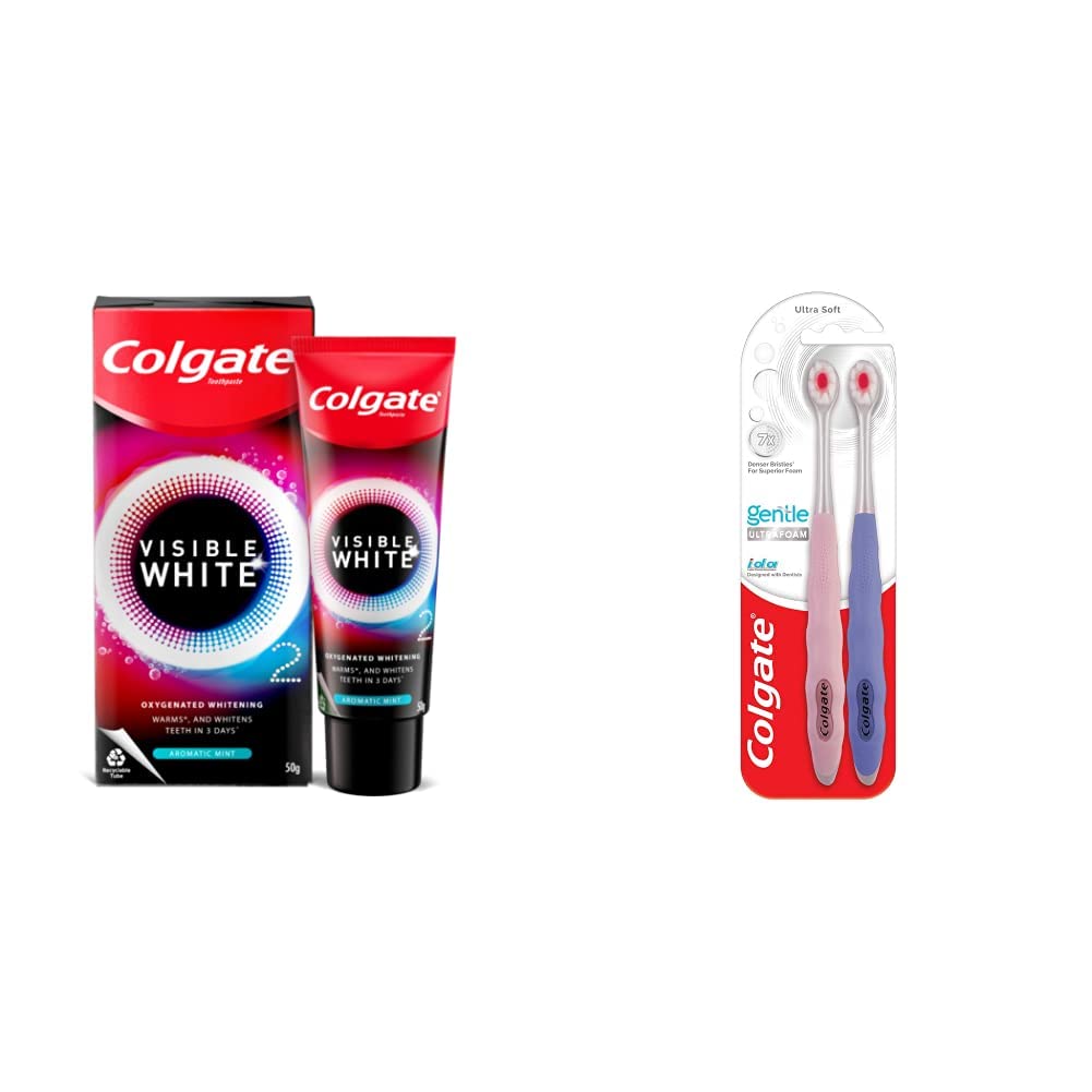 Colgate Visible White O2, Teeth Whitening Toothpaste, Aromatic Mint, 50g, Active Oxygen Technology, Enamel Safe Teeth Whitening Product & Gentle UltraFoam Ultra Soft Bristles Toothbrush, 2 Pcs