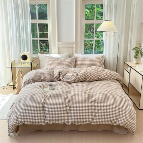 Nayoroom Brown Gingham Duvet Cover Queen Size Tan White Plaid Checkered Duvet Cover 3 Pieces Grid Dorm Bedding Set with 2 Pillowcases, Soft Breathable Washed Microfiber