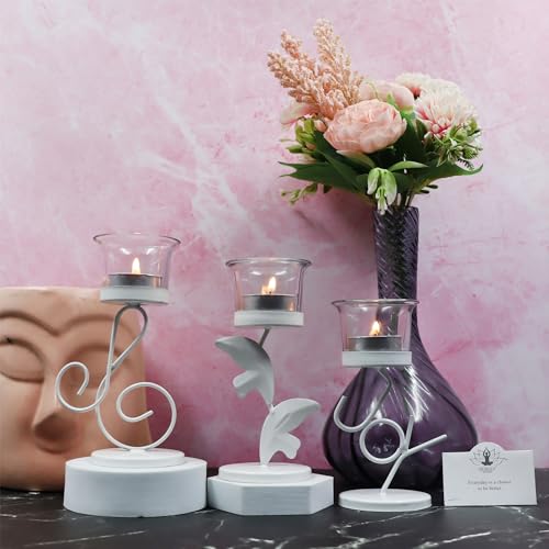 Image of Hosley Clear Glass Tealight Candle Holders|White Tealight Candle Holders with Glass Holders Perfect for Home Decor, Birthday,Wedding,Parties,Tabletop,Centerpiece| Pack of 3, with Pack of 3 Tealights