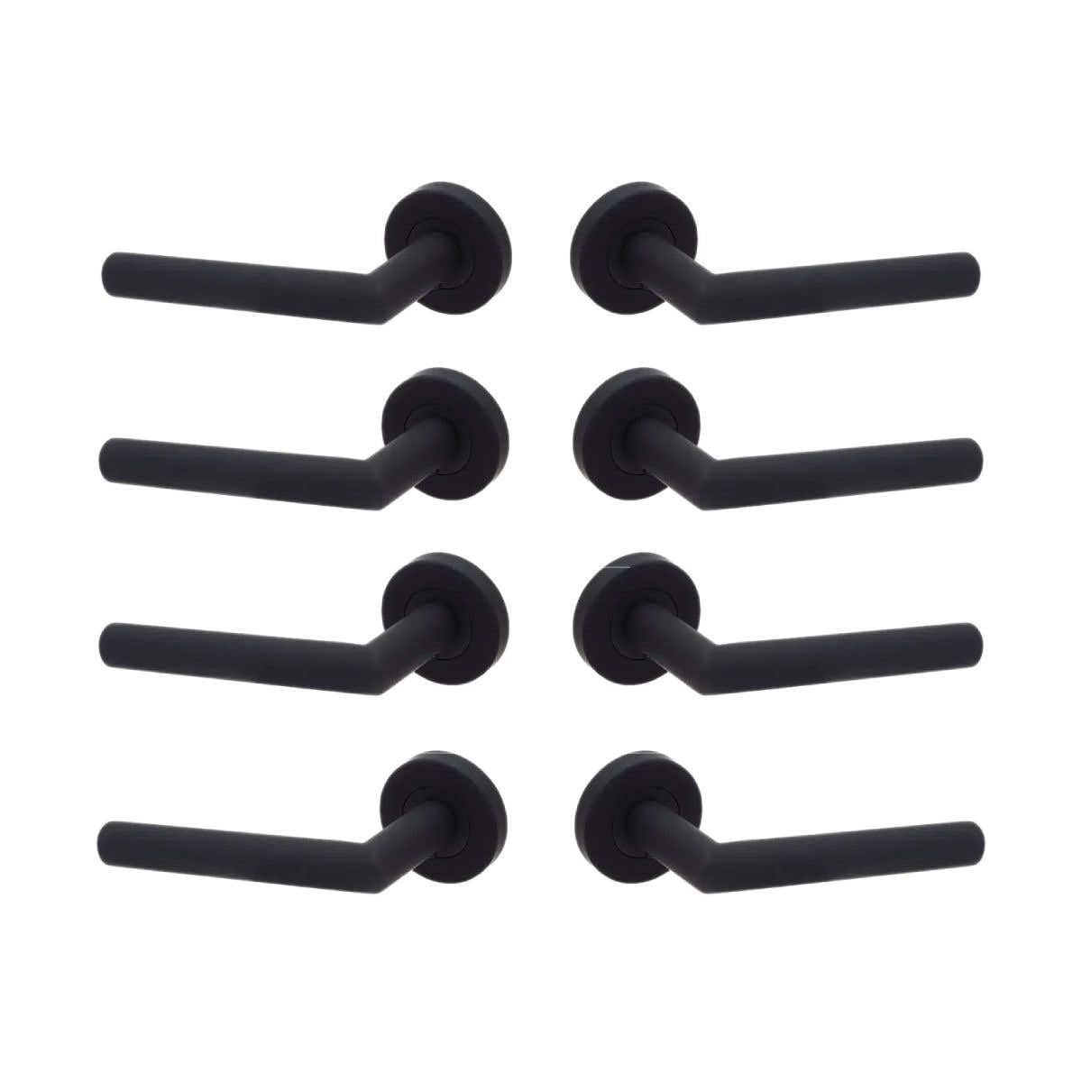 Designer Levers - Eros Lever on Rose Door Handle - Stainless Steel Bar Door Handle - Matt Black - 4 Pairs - Fixings Included - Interior Use