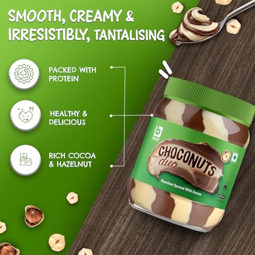 Image of BONI Choconuts Duo Hazelnut Chocolate Spread with Cocoa 400g | Belgian Style Chocolate Hazelnut Spread | Smooth & Creamy Dessert Spread for Bread, Pancakes & waffles