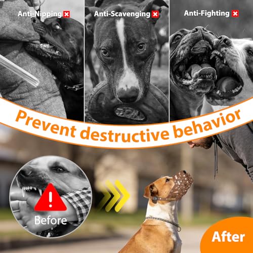 Image of Pitbull Dog Muzzle for Large Medium Dogs Prevent Biting Scavenging | Fits Rottweiler Amstaff Broad-nosed Breed, Sturdy Breathable Basket, Training Walking Use, Allows to Drink | Brown, M