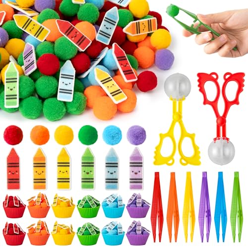 Image of EZdhuawuse Crayon Sensory Bin Fillers, 321Pcs Back to School Fine Motor Set | Counting Sorting Summer Gift for Teens Students Adults, Colorful Felt Crayons Pom Poms Cup Clip, School Education Activities