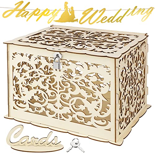 CNNIK DIY Boîte de Cartes de Mariage en Bois avec Verrou et Panneau Coffret Cadeau Gravure Détachable Collection Cadeaux Décoration pour Mariages Fête Anniversaire Douches Nuptiales